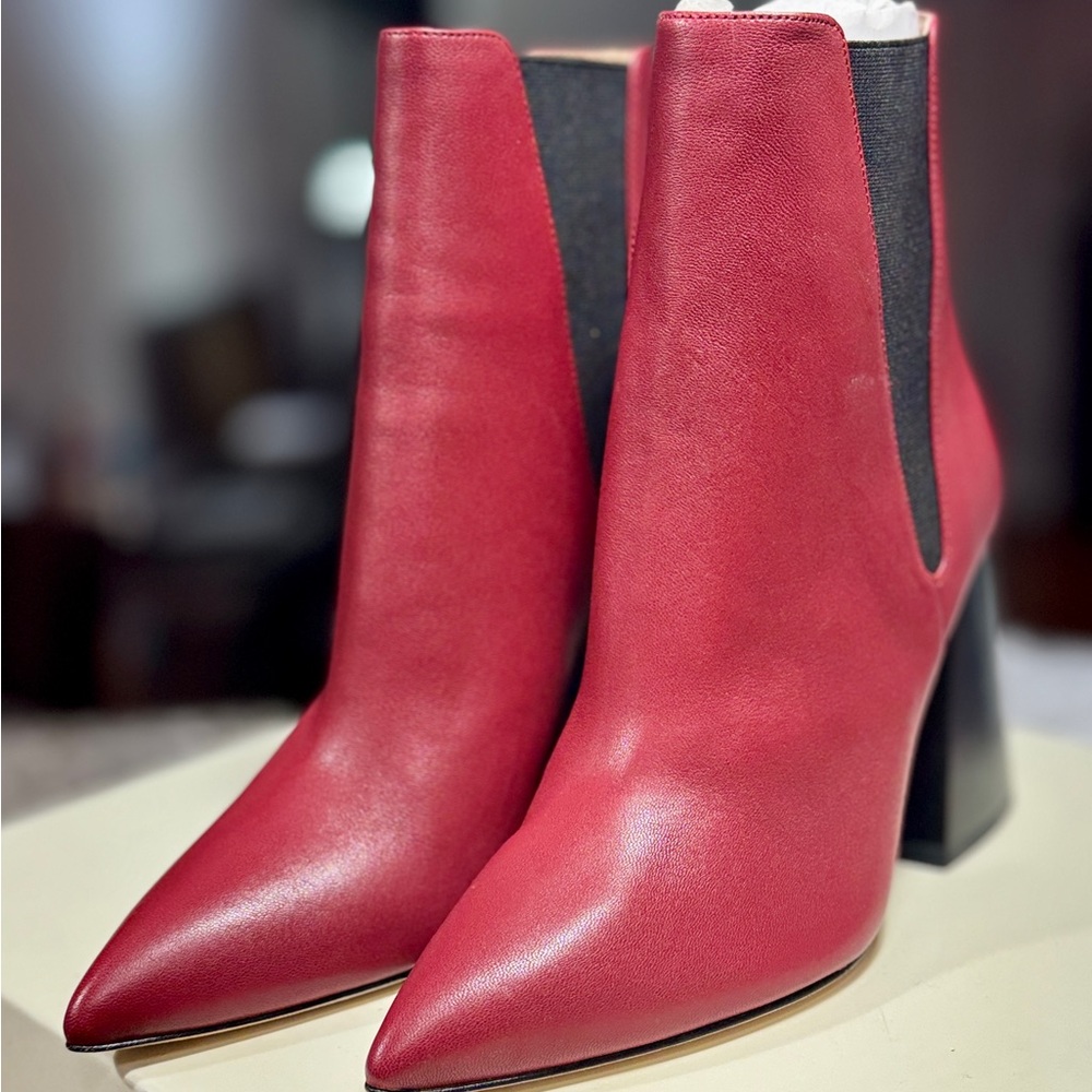 Joie Abrianna Ruby Red Leather Ankle Boots Block Heel Women’s Size 38.5 / 8